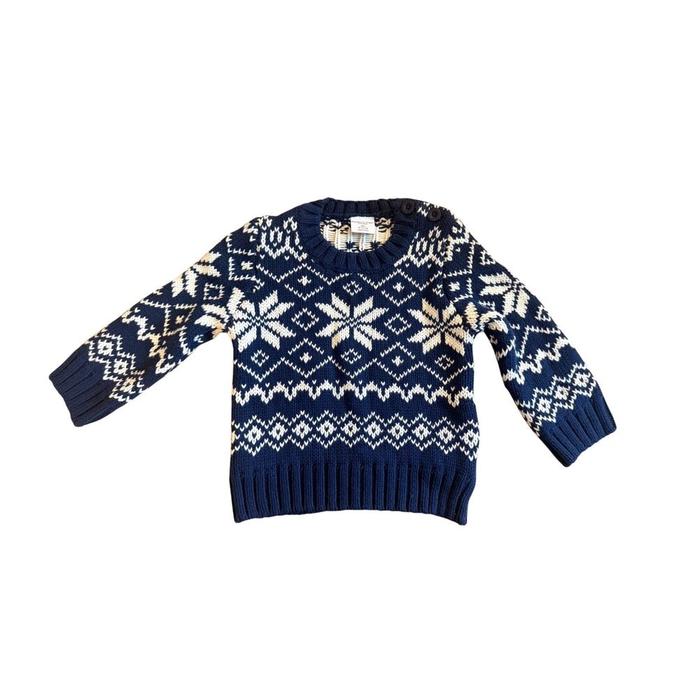 Polarn O. Pyret Baby Nordic Fair Isle Knit Sweater Navy White Snowflake 9-12M